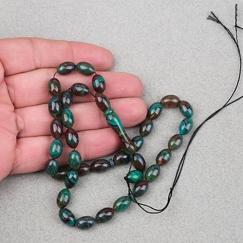 S�kma Kehribar Beyzi Kesim 7x11mm Tesbih- Ye�il- Kahverengi