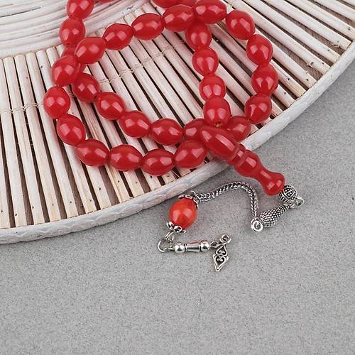 S�kma Kehribar Alpaka P�sk�ll� Beyzi Kesim 9x11mm Tesbih - K�rm�z�