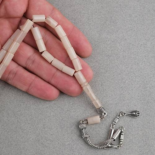 S�kma Kehribar Kesme Kesim Alpaka P�sk�ll� 6x10mm Tesbih Krem