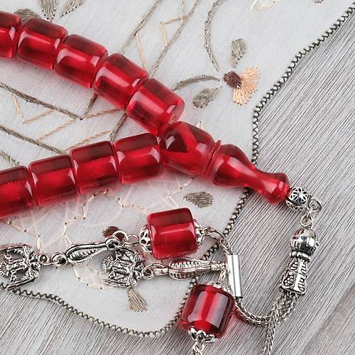 Ate� Kehribar Alpaka P�sk�ll� Kaps�l Kesim 11x11mm Tesbih - �effaf K�rm�z�