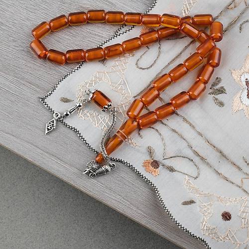 Ate� Kehribar Alpaka P�sk�ll� Kaps�l Kesim 7x10.5mm Tesbih - �effaf Kahverengi