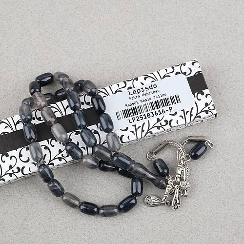 S�kma Kehribar Kaps�l Kesim Alpaka P�sk�ll� 7x11mm Tesbih Gri