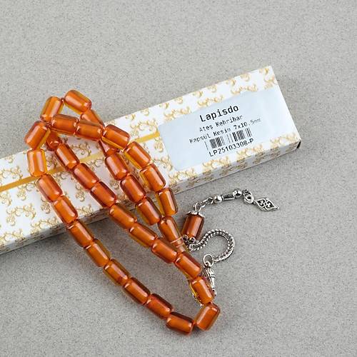 Ate� Kehribar Alpaka P�sk�ll� Kaps�l Kesim 7x10.5mm Tesbih - �effaf Kahverengi