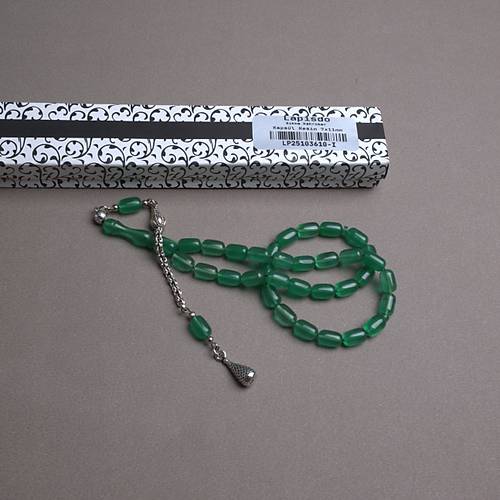 S�kma Kehribar Beyzi Kesim Alt�n Renk P�sk�ll� 7x11mm Tesbih Ye�il