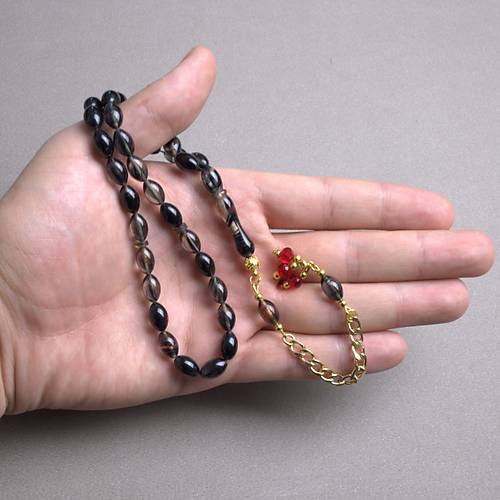 S�kma Kehribar Beyzi Kesim Alt�n Renk P�sk�ll� 7x11mm Tesbih Siyah Gri