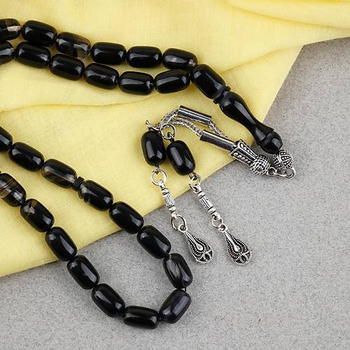 S�kma Kehribar Kaps�l Kesim Alpaka P�sk�ll� 7x11mm Tesbih Siyah