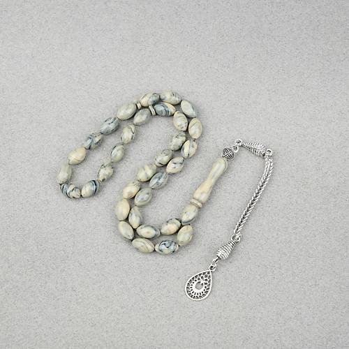 S�kma Kehribar Alpaka P�sk�ll� Beyzi Kesim 7x11mm Tesbih- Krem Ye�il