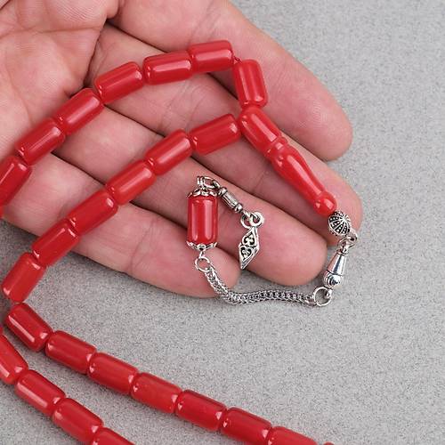 S�kma Kehribar Alpaka P�sk�ll� Kaps�l Kesim 7x12mm Tesbih - Mat K�rm�z�