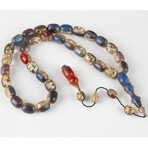 Sertifikal� Alt�n Varakl� Kaps�l Kesim U�ak Cam� 9x12mm Tesbih - Kar���k Renkli