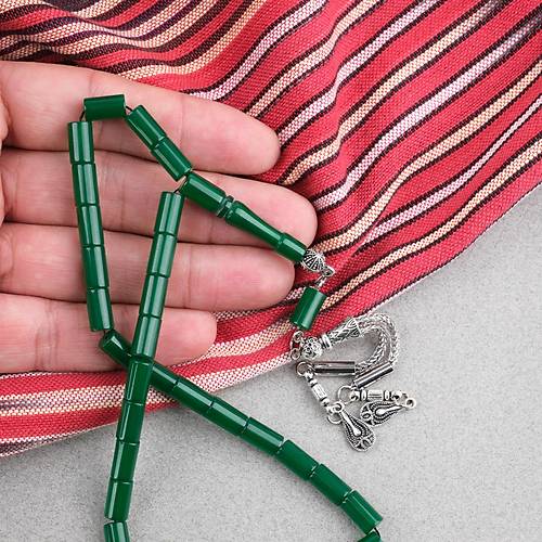 S�kma Kehribar Kesme Kesim Alpaka P�sk�ll� 6x10mm Tesbih Ye�il