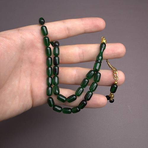 S�kma Kehribar Kaps�l Kesim Alt�n Renk P�sk�ll� 7x11mm Tesbih Koyu Ye�il
