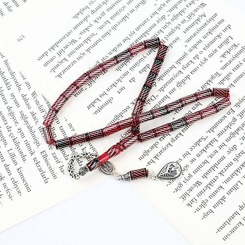 Ate Kehribar 925Ayar Gm akm ve Gm Pskl Kesme Kesim 5.5x9.5mm Tesbih -Krmz