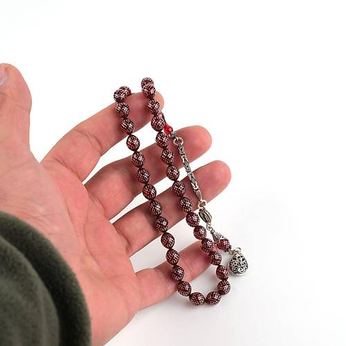 Ate Kehribar 925Ayar Gm akm ve Pskl Bilek Boy Beyzi Kesim 7x8.5mm Tesbih