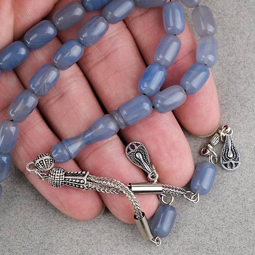 S�kma Kehribar Kaps�l Kesim Alpaka P�sk�ll� 7x11mm Tesbih G�k Mavisi