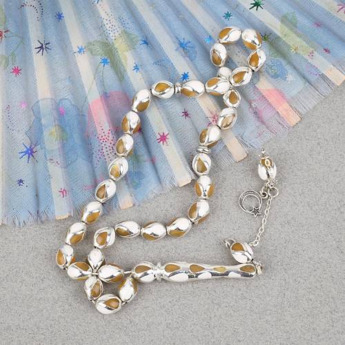 G�m�� Kaplama Kafesli Mine Beyzi 7x9mm Tesbih - Sar� Beyaz