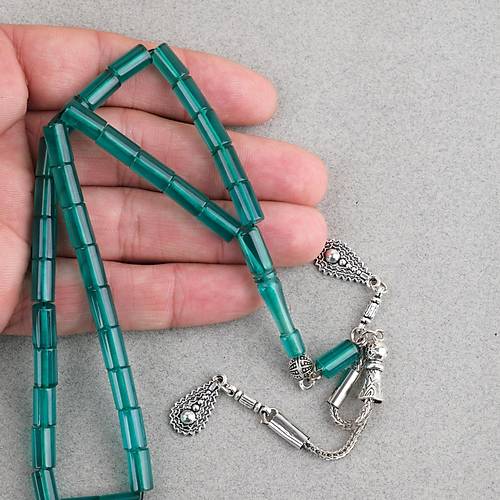 S�kma Kehribar Kesme Kesim Alpaka P�sk�ll� 6x10mm Tesbih A��k Ye�il