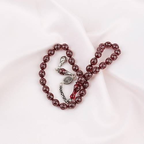 Ate Kehribar 925Ayar Gm akm ve Gm Pskl Bilek Boy Kre Kesim 7x8mm Tesbih -Krmz