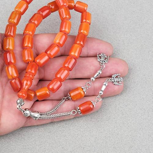 S�kma Kehribar Alpaka P�sk�ll� Kaps�l Kesim 9x11mm Tesbih - A��k Kestane