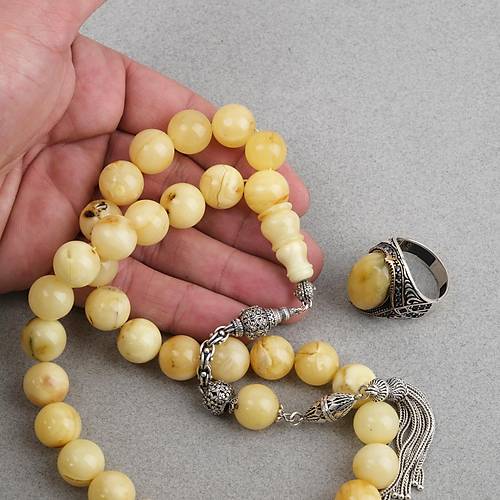 Kaya Damla Kehribar  925 Ayar G�m�� P�sk�l K�re Kesim 13mm Tesbih ve G�m�� Kehribar Y�z�k Seti