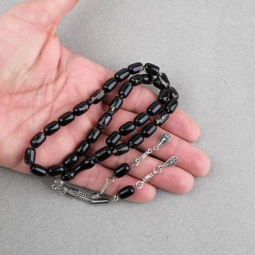 S�kma Kehribar Kaps�l Kesim Alpaka P�sk�ll� 7x11mm Tesbih Siyah
