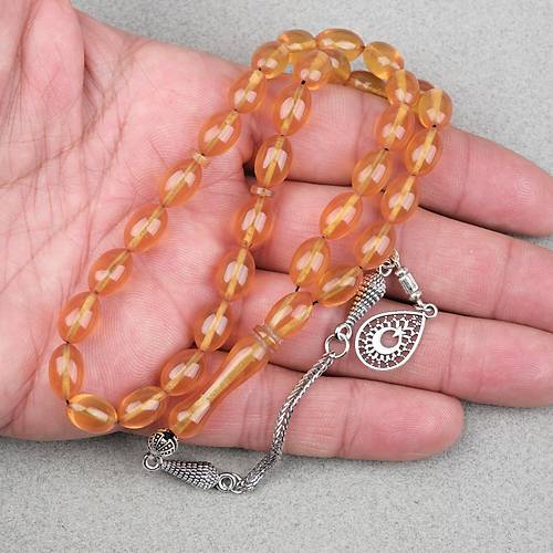 S�kma Kehribar Alpaka P�sk�ll� Beyzi Kesim 7x11mm Tesbih- �effaf Koyu Sar�