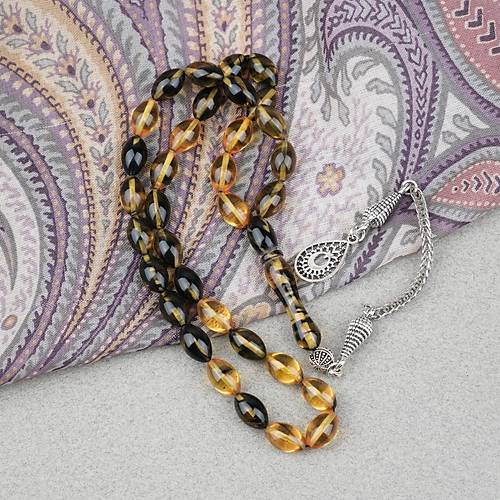 S�kma Kehribar Alpaka P�sk�ll� Beyzi Kesim 7x11mm Tesbih- Sar� Siyah