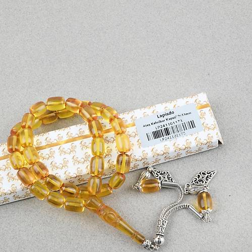 Ate� Kehribar Ayy�ld�z ��lemeli �mame Kaps�l Kesim 9x11mm Tesbih - Sar�