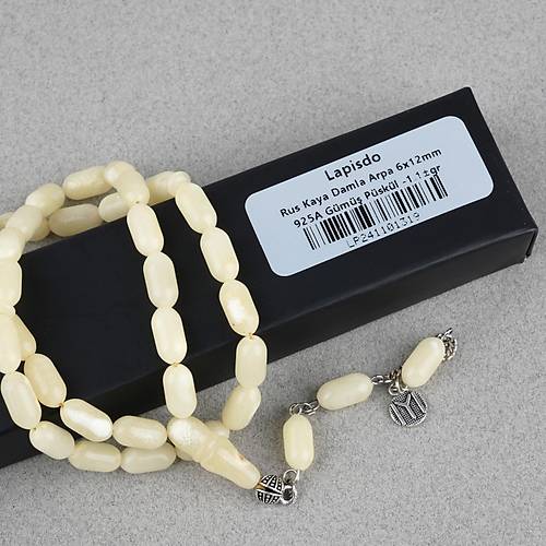 Rus Kaya Damla Kehribar 925Ayar G�m�� P�sk�l Arpa Kesim Kesim 6x12mm Tesbih