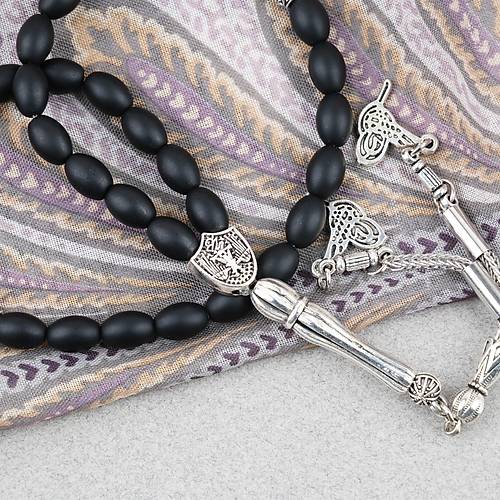 Oniks Ta�� Beyzi Kesim 6.5x9mm Tesbih Alpaka P�sk�ll� Mat Siyah