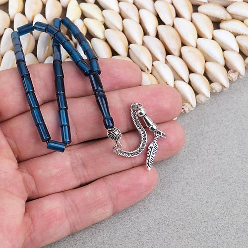 Ate� Kehribar Alpaka P�sk�ll� Kesme Kesim 4x7mm Tesbih- Koyu Petrol Mavisi