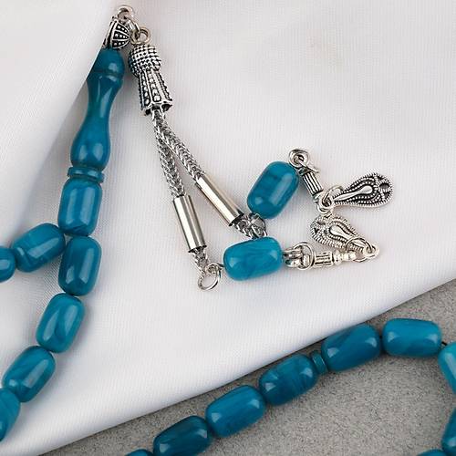 S�kma Kehribar Kaps�l Kesim Alpaka P�sk�ll� 7x11mm Tesbih Turkuaz Ye�ili