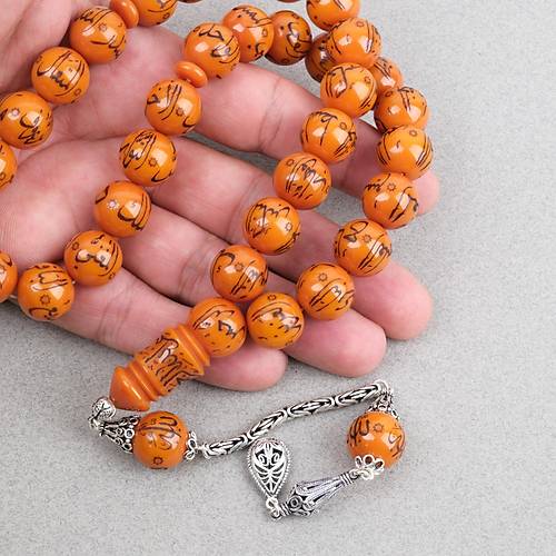 S�kma Kehribar Allah cc 99 ismi Yaz�l� 925Ayar G�m�� P�sk�ll� K�re Kesim 14mm Tesbih
