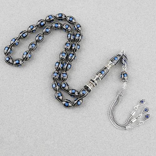 Erzurum Oltu 925Ayar Gm Katalin lemeli Nakka mame Beyzi Kesim 8x11mm Tesbih -Mavi