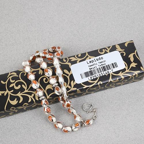 G�m�� Kaplama Kafesli Mine Beyzi 7x9mm Tesbih -Turkuaz Beyaz