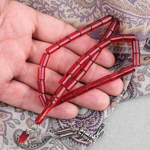 Ate� Kehribar Kesme Kesim Alpaka P�sk�ll� 6x10mm Tesbih K�rm�z�