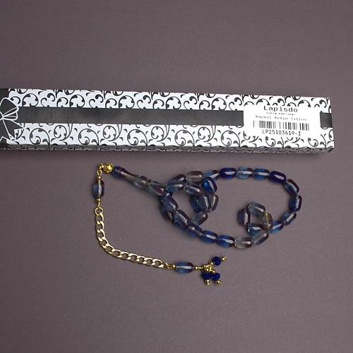 S�kma Kehribar Kaps�l Kesim Alt�n Renk P�sk�ll� 7x11mm Tesbih A��k Mavi