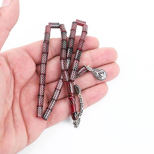 Ate Kehribar 925Ayar Gm akm ve Gm Pskl Kesme Kesim 5.5x9.5mm Tesbih -Krmz