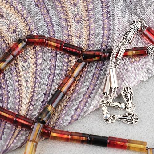 S�kma Kehribar Kesme Kesim Alpaka P�sk�ll� 6x10mm Tesbih