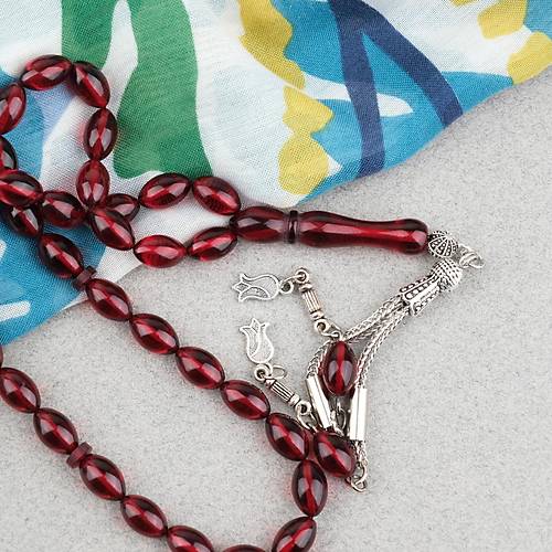 S�kma Kehribar Beyzi Kesim Alpaka P�sk�ll� 7x11mm Tesbih K�rm�z�