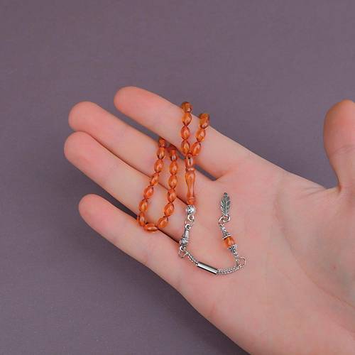 Ate� Kehribar Beyzi Kesim Bilek Boy 5x8mm Tesbih Alpaka P�sk�ll� Sar�