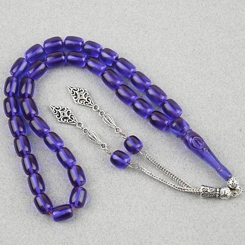 Ate� Kehribar Ayy�ld�z ��lemeli �mame Kaps�l Kesim 9x11mm Tesbih -Parlament Mavi