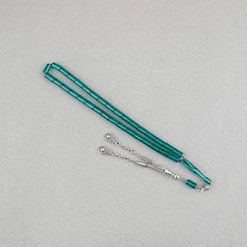 S�kma Kehribar Kesme Kesim Alpaka P�sk�ll� 6x10mm Tesbih A��k Ye�il