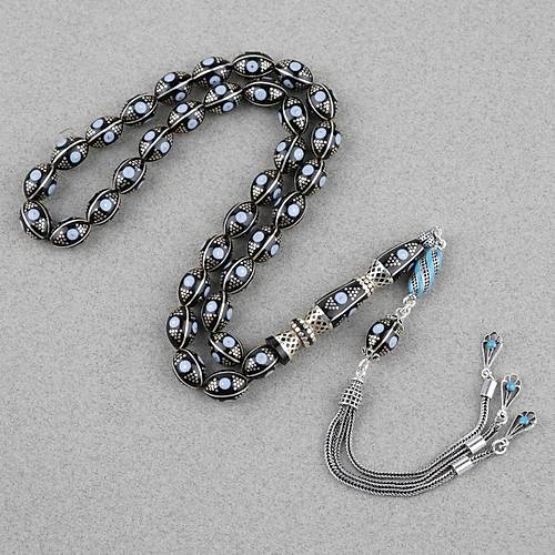 Erzurum Oltu 925Ayar Gm Katalin lemeli Nakka mame Beyzi Kesim 8x11mm Tesbih - Ak Mavi