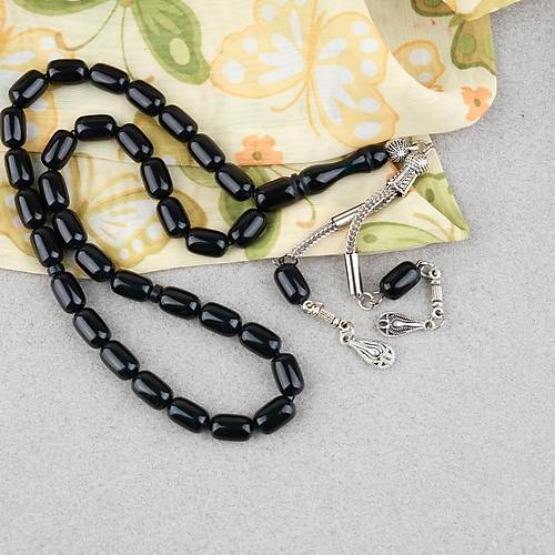 S�kma Kehribar Kaps�l Kesim Alpaka P�sk�ll� 7x11mm Tesbih Mavi Yans�mal� Siyah