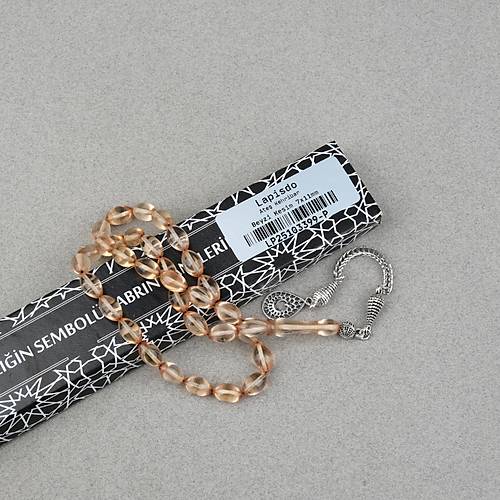 Ate� Kehribar Alpaka P�sk�ll� Beyzi Kesim 7x11mm Tesbih- A��k Sar�