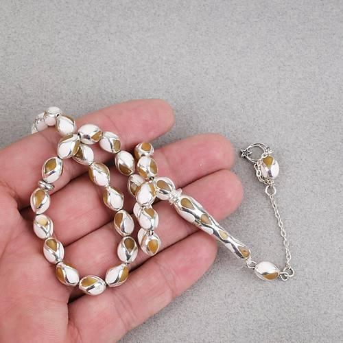 G�m�� Kaplama Kafesli Mine Beyzi 7x9mm Tesbih - Sar� Beyaz