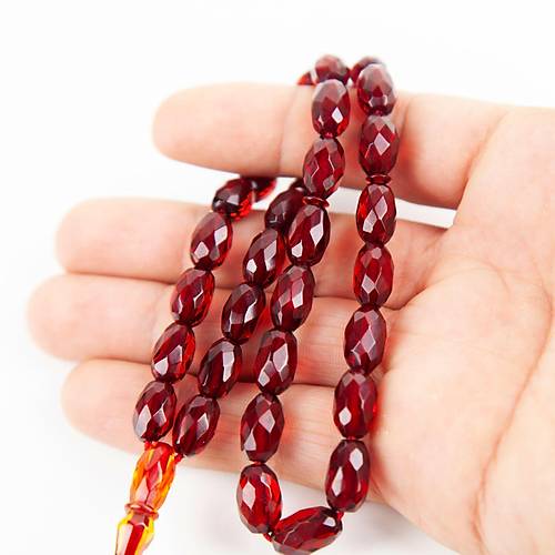 Osmanl Ate-i Kehribar 925Ayar Gm Pskll Faset Kapsl Kesim (MIR) 7.5x12mm Tesbih