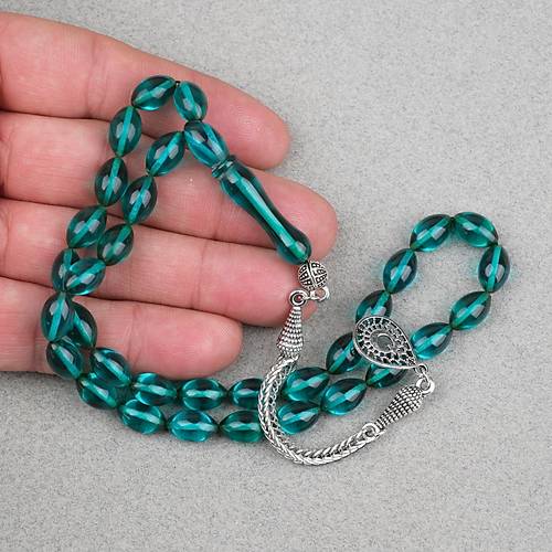 Ate� Kehribar Alpaka P�sk�ll� Beyzi Kesim 7x11mm Tesbih- �effaf Ye�il