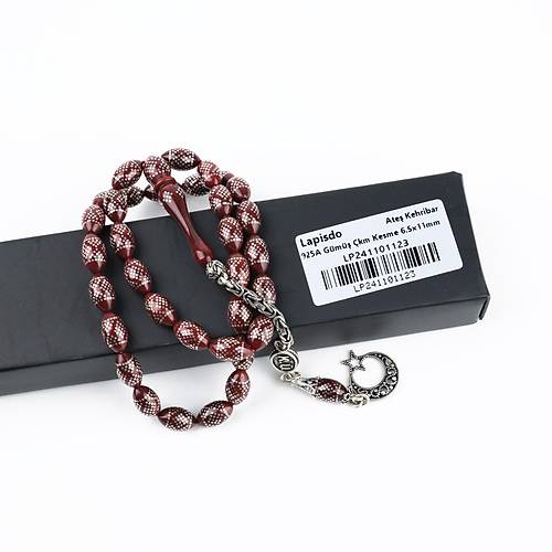 Ate Kehribar 925Ayar Gm akm ve Gm Pskl Beyzi Kesim 6.5x11mm Tesbih -Krmz