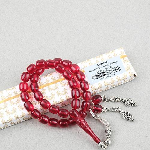Ate� Kehribar Ayy�ld�z ��lemeli �mame Kaps�l Kesim 9x11mm Tesbih - K�rm�z�